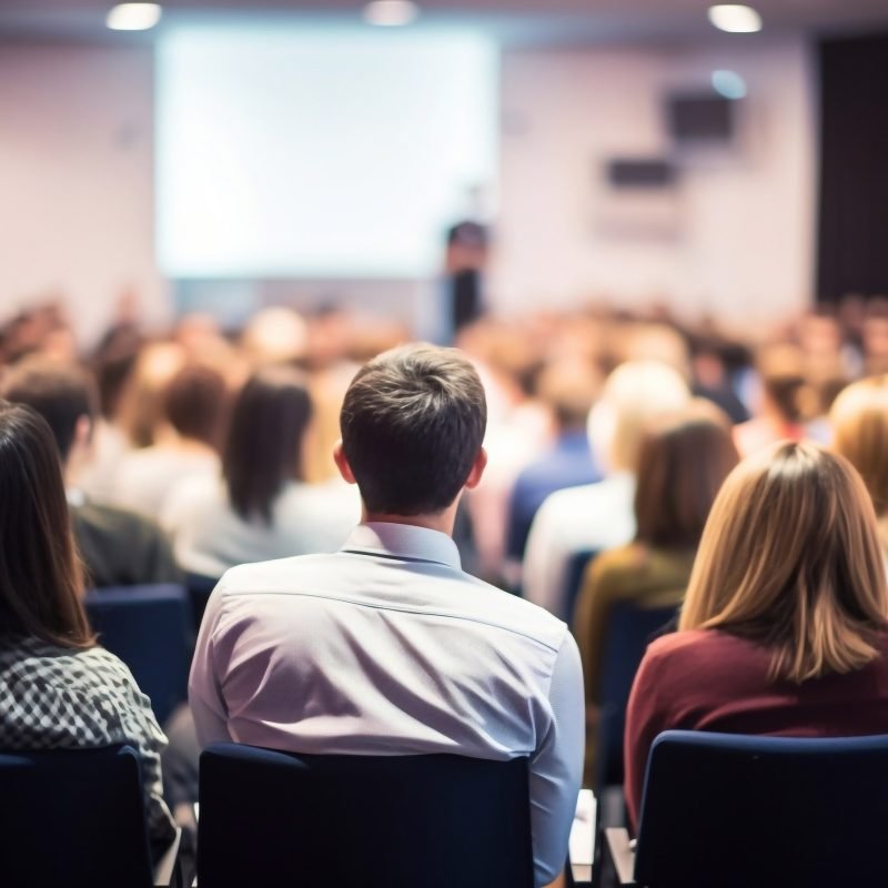 Business people or students are watching a presentation or attend a training or seminar in a lecture hall or auditorium. Conference hall full of people participating in the business training